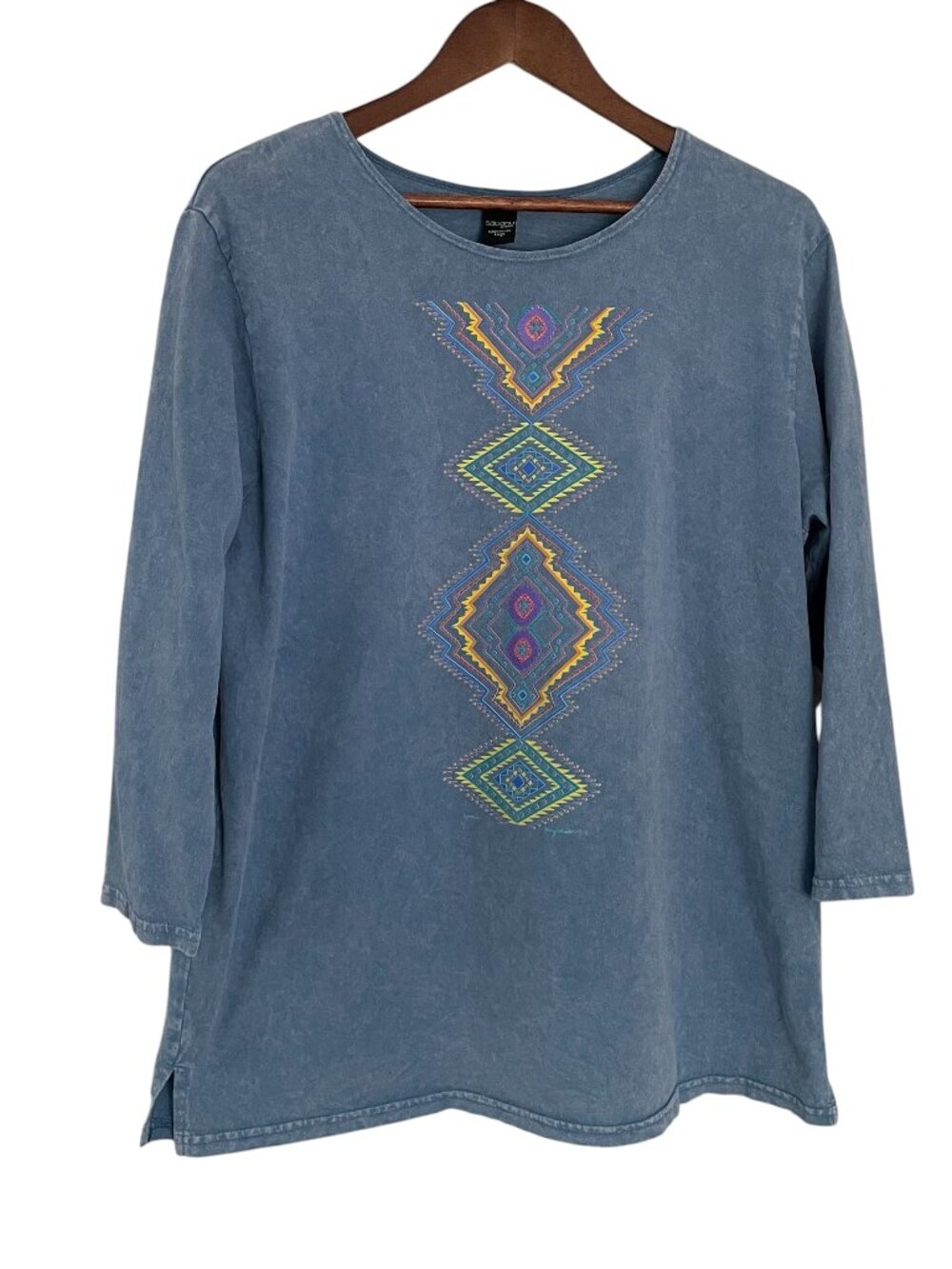 Sabaku Artwear Tunic Top Large L Blue Southwestern Aztec Print T Shirt Cotton